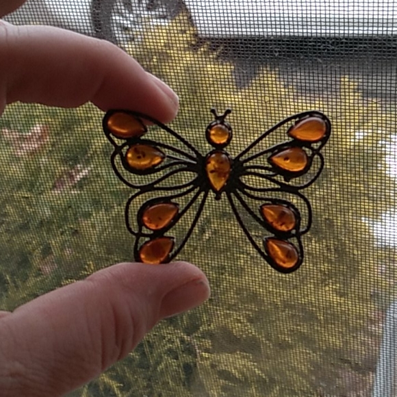 GENUINE BALTIC AMBER VINTAGE BUTTERFLY PIN BROOCH - Picture 4 of 5